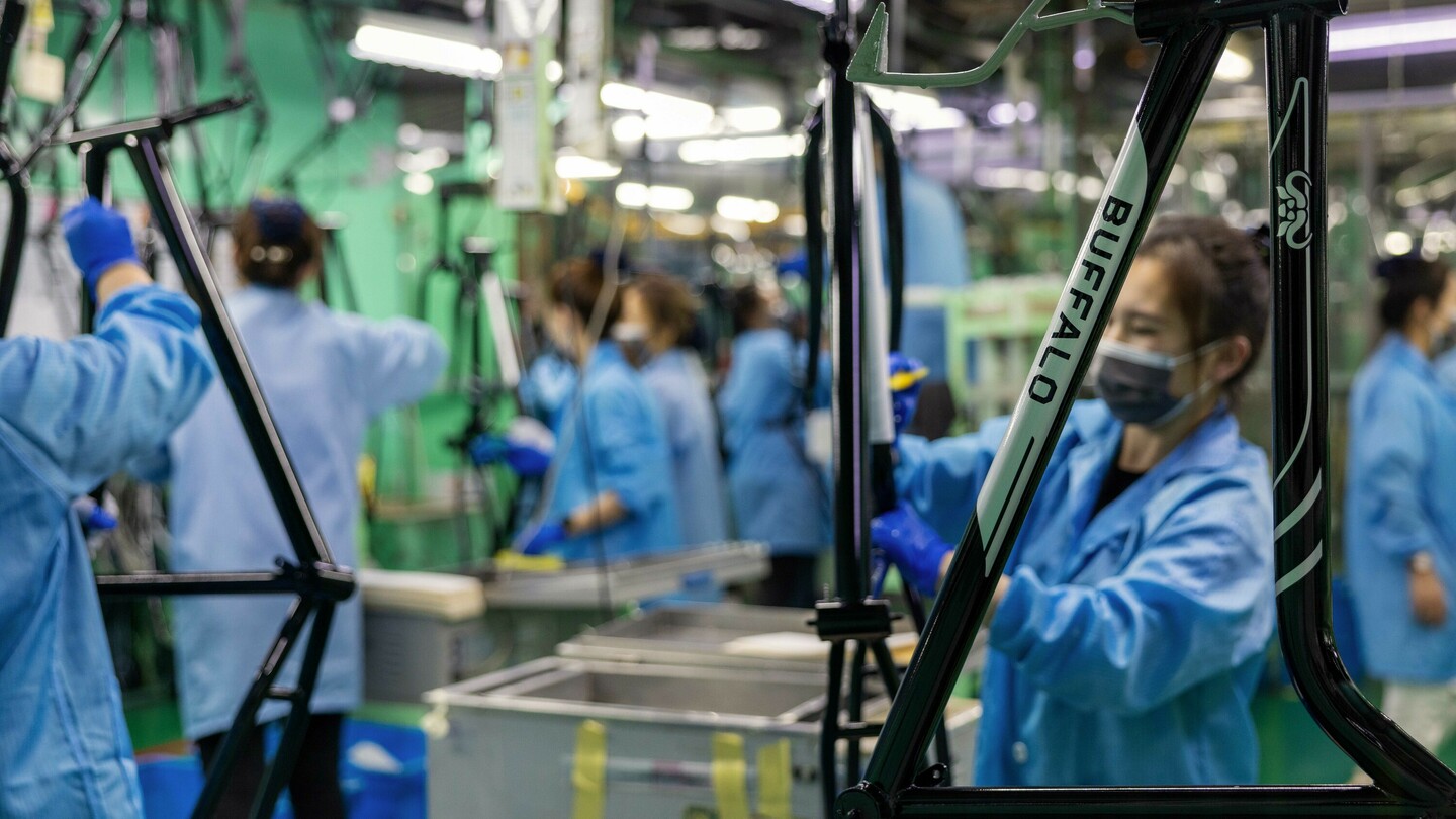 Productiehal met meerdere mensen in blauwe jassen en handschoenen die fietskaders monteren. Op een van de kaders is het “BUFFALO” logo te zien. De industriële werkruimte heeft veel gereedschap en verlichting.